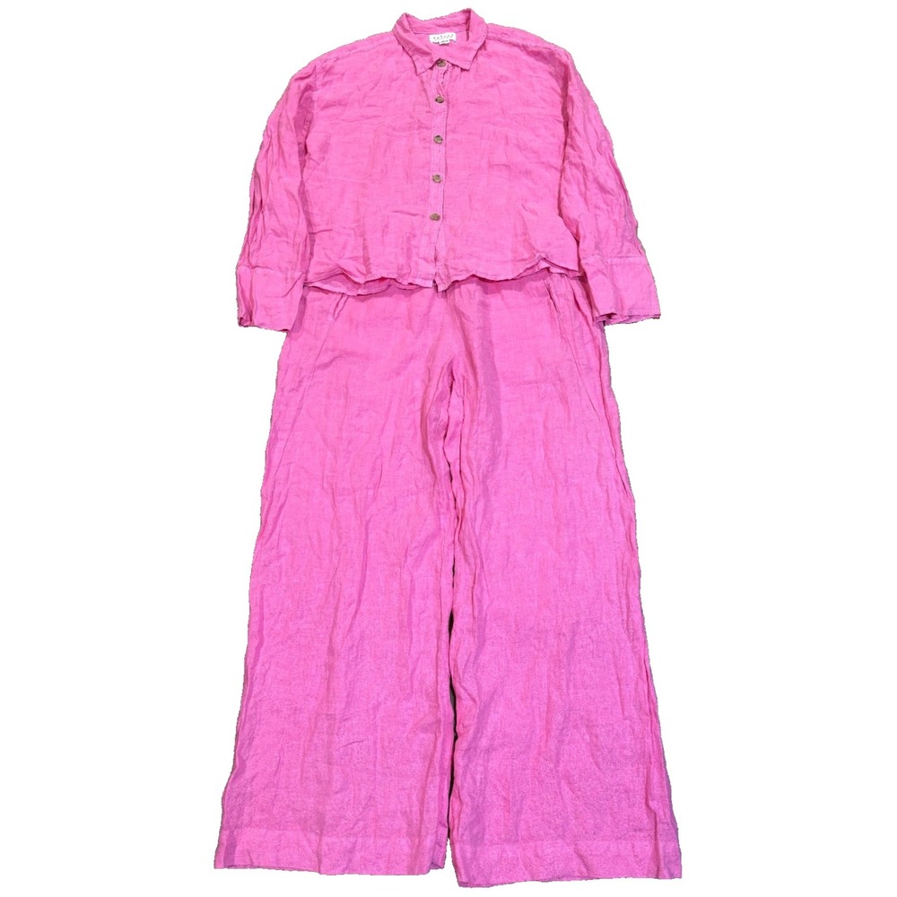 Velvet women's medium pink 2 piece set 100% linen top and pants wide leg travel